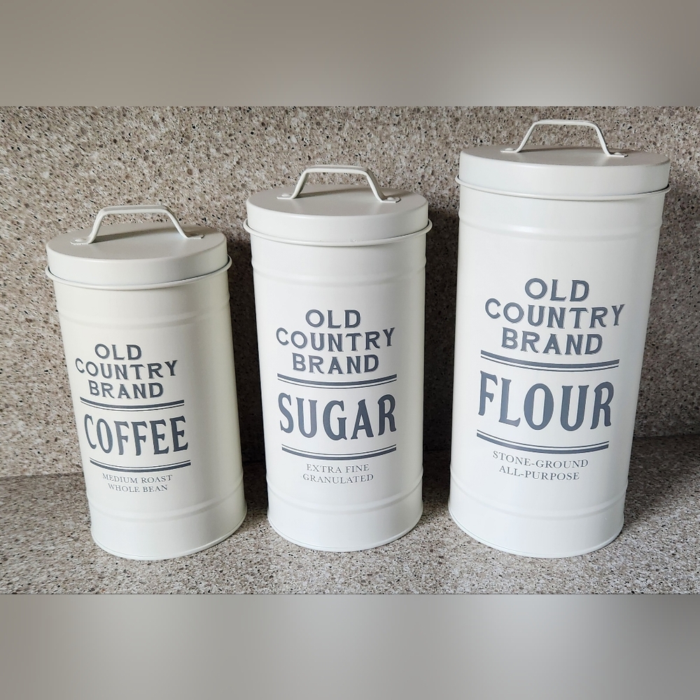 White Farmhouse Style Barnyard Metal Kitchen Canister Set